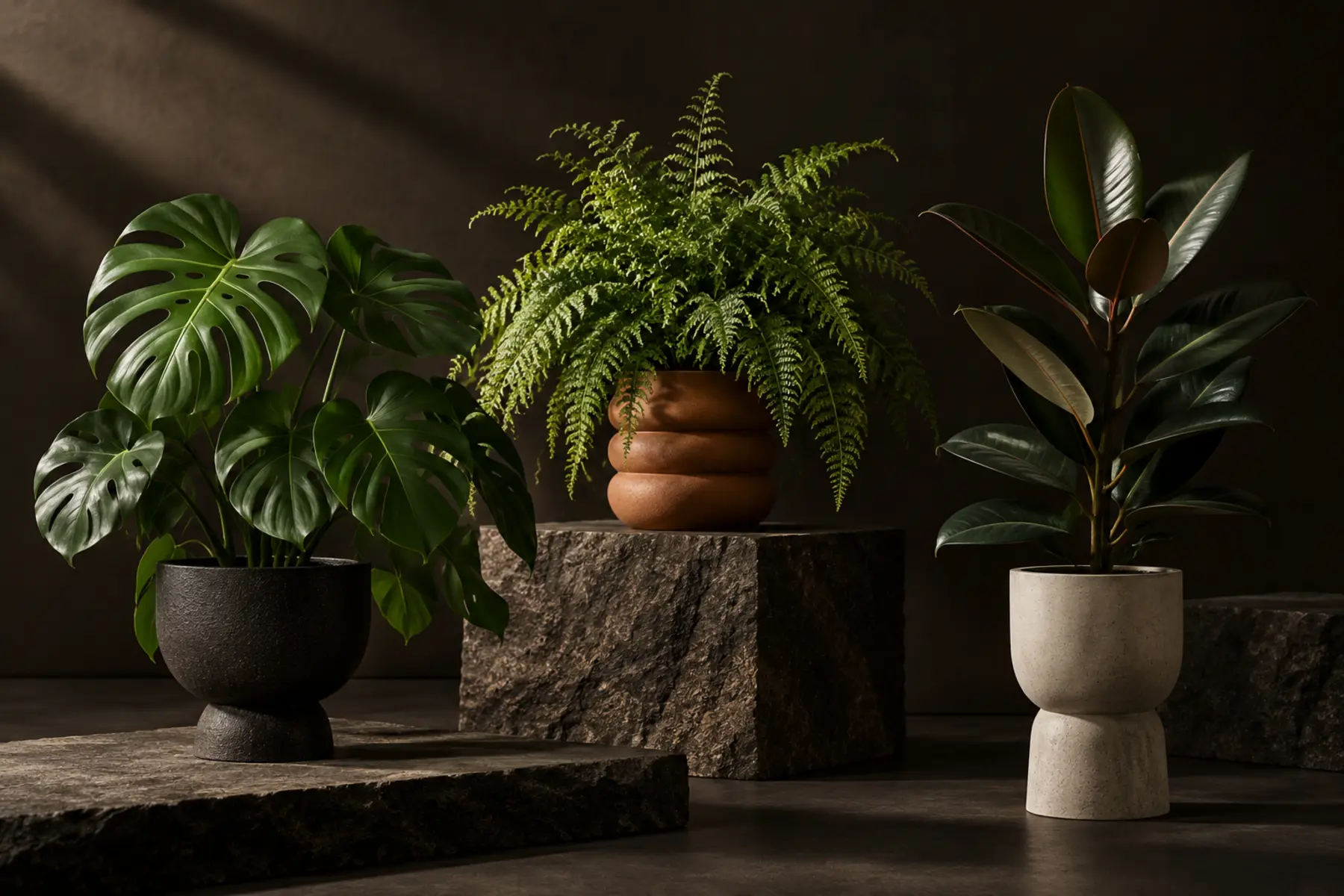 Monstera, varen en rubberplant uit de kunstplantencollectie