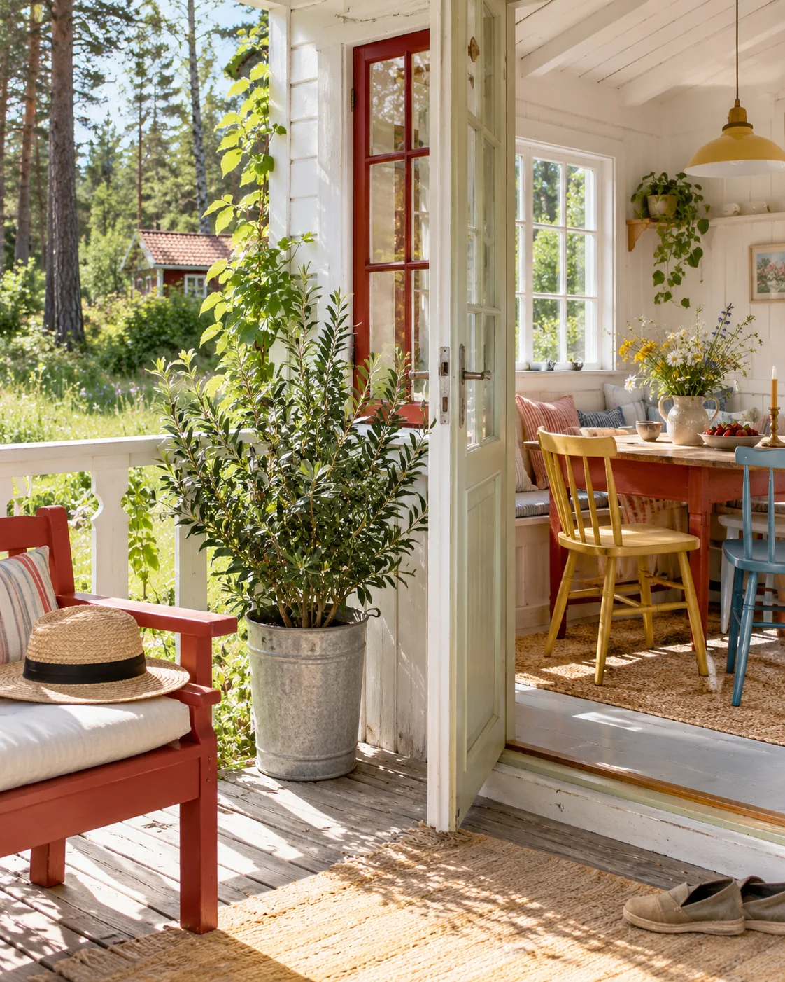 Valoisa suomalainen kesämökki, jossa on valkoista puuta, värikkäitä kalusteita ja metsämaisema