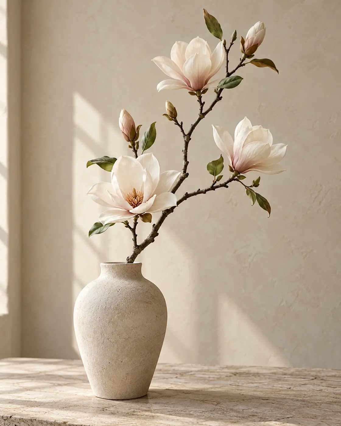 Kunst-magnoliatak met zachte lichte bloemen